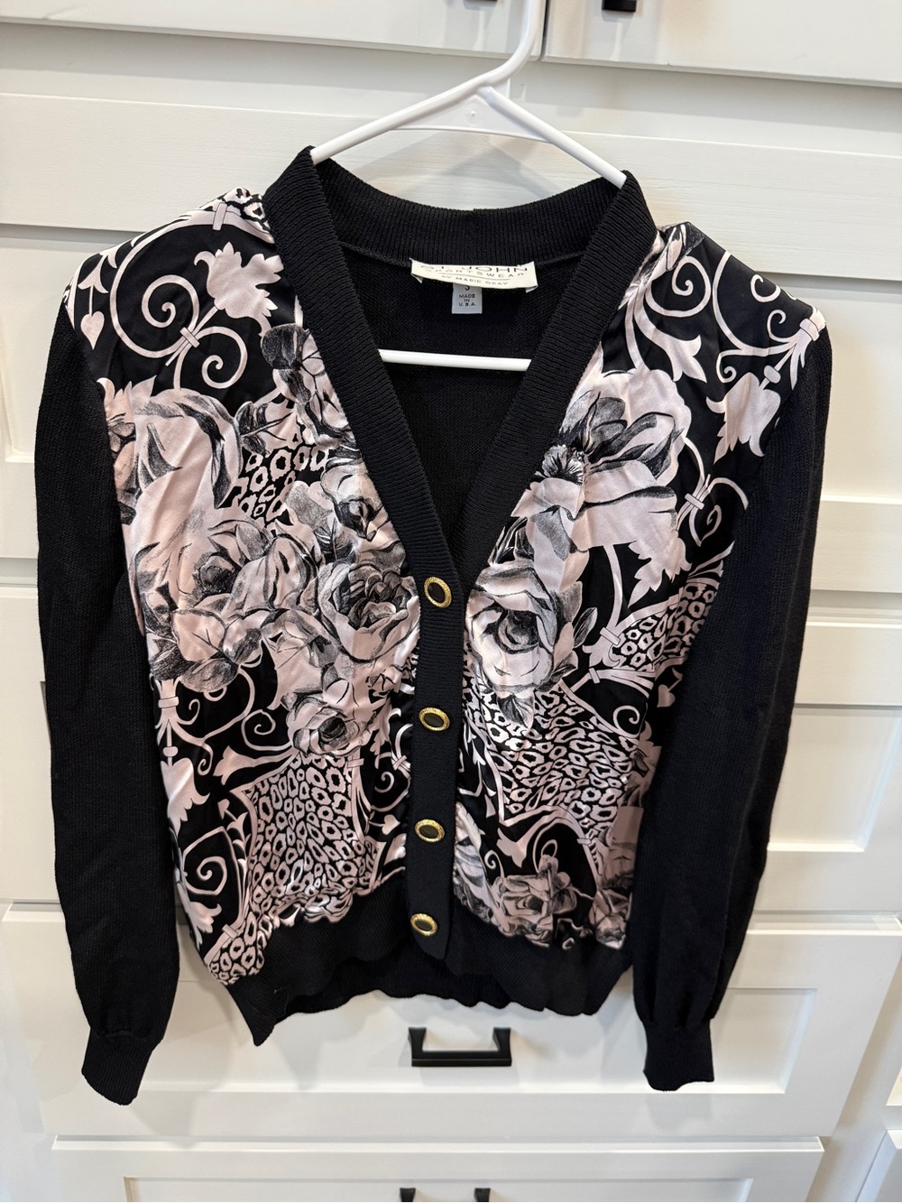 Vintage St. John Black Cardigan with Pale Pink Floral & Scroll Panels